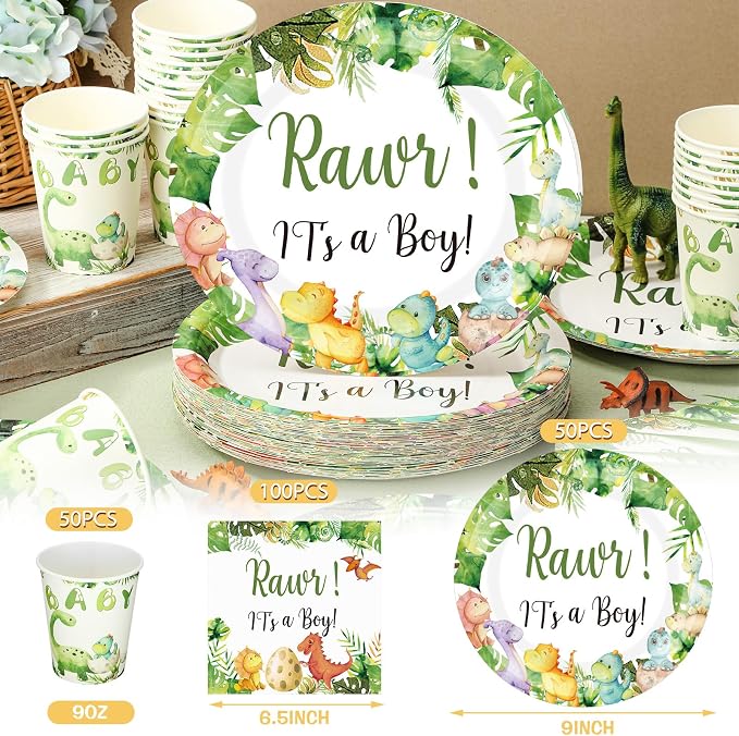 200 Pcs Dinosaur Baby Shower Paper Plates Napkins Cups Baby Shower Party Supplies Tableware Set Dinosaur Disposable Cup Napkin for 50 Guest Girls Spring Party Decoration