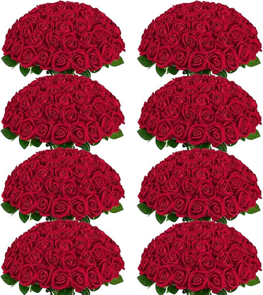 200 Pcs Red Roses Artificial Flowers, Real Touch Velvet Roses Bouquet Fake Flowers Bulk, Artificial Roses with Long Stems for Birthday Gift Women Mom DIY Bridal Wedding Centerpiece Decorations