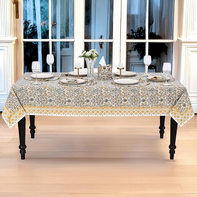 Ridhi Goldenrod Yellow Hand Block Print Cotton Rectangle Tablecloth 108" x 70" inches Reusable Table Cover Decorative Everyday Use for Dining Room, Farmhouse, Home Gift for Spring, Mother's Day