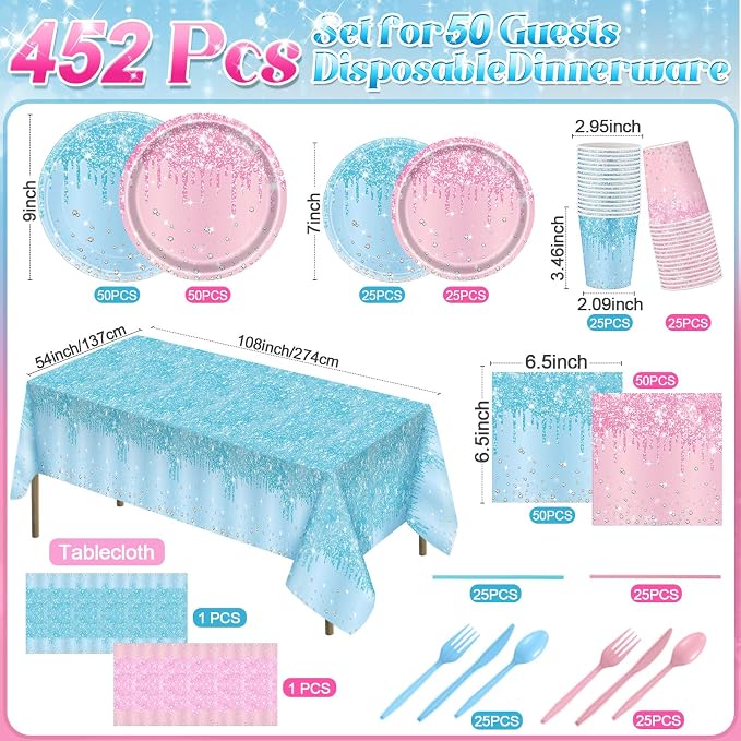Potchen 452 Pcs Party Supplies Serve 50 Guests, Paper Plates Napkins Cups Cutlery Plastic Tablecloth Dinnerware for Birthday Wedding Party Decoration(Pink and Blue, Gender Reveal)