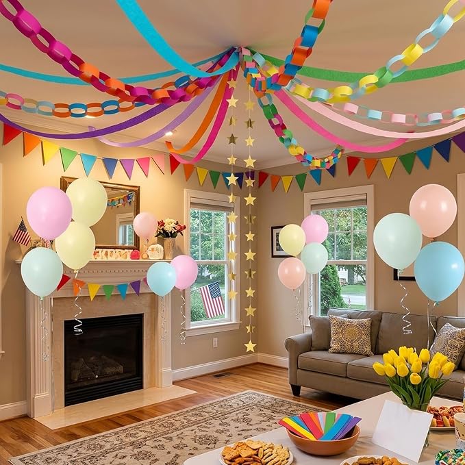 300 Paper Chain Garland Strips Kit with 59ft 72PCS Pennant Banner Flags & 30 Pack 12 in Balloons, Pre Cut Paper Chain Strips with 492ft Crepe Paper Streamers for Party Birthday Decoration