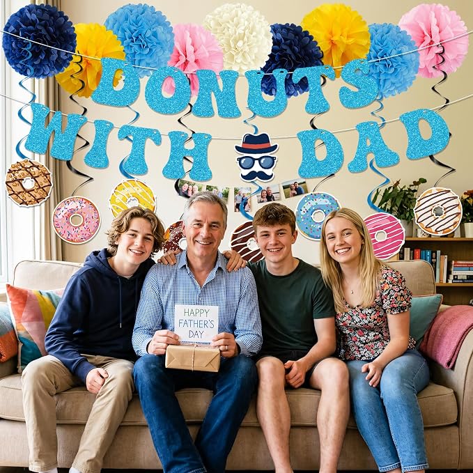 Fathers Day Party Decorations - 19PCS Donuts with Dad Banners Hanging Swirls Paper Pompoms Party Decor, Happy Father's Day Donut Themed Holiday Supplies