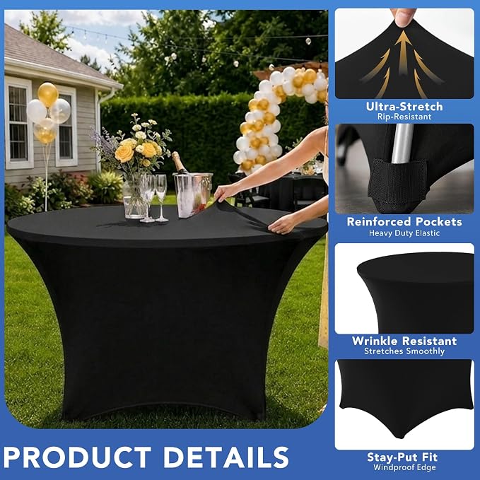Fitted Table Cloth Round Cover 6ft-Spandex Elastic Table Covers 6 Pack 72 Inch-Black Small Stretch Folding Tablecloth for Weddings Banquets Restaurant Event Parties Vendor Stand Tables