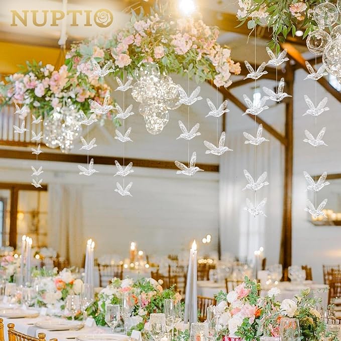 NUPTIO Crystal Ceiling Hanging Ornaments, Acrylic Flying Birds, 100 Pcs | Clear Hummingbird Decor with Transparent Line for Christmas Tree, Wedding, Party, Window, Birthday, Bedroom, DIY Gifts