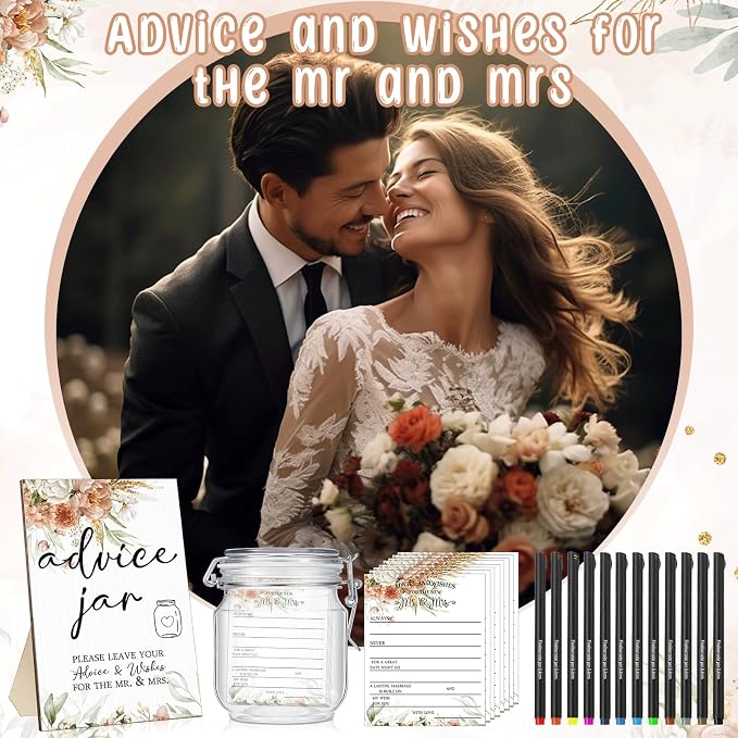 Sintuff 114 Pieces Advice and Wishes Cards Jar - Boho Floral Wedding Decoration, Hilarious Bridal Shower Games, Advice and Wishes Jar and Sign for The Mr and Mrs, Wedding Games for Reception