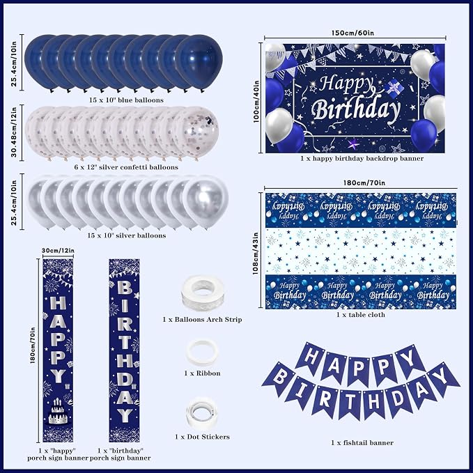 Blue and Silver Birthday Party Decoration for Men Boys Women Girls | Happy Birthday Backdrop Banner Tablecloth Party Supplies Confetti Balloons Arch