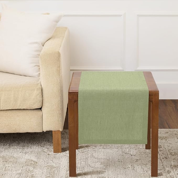 Solino Home Linen Small Table Runner 36 Inches - Athena, 100% Pure Linen Chambray Olive Table Runner 14 x 36 Inch Ideal for Dresser and Coffee Tables - Spring, Summer