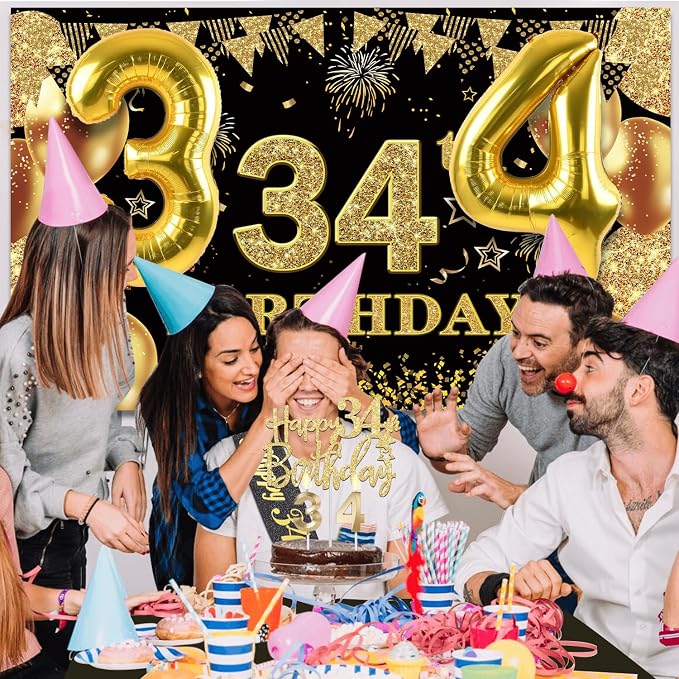 34th Birthday Decorations Men Women with 34th Birthday Banner, Black and Gold Table Cloth, Number Balloons, Large Sash, Cake Topper and Candles