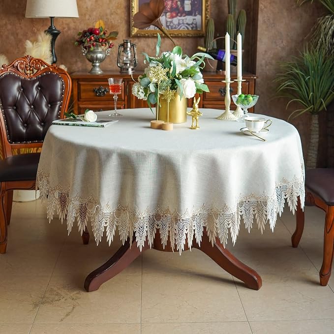 ARTABLE Lace Table Cloth Linen Grey Rustic Farmhouse Elegant Tablecloth Coffee Table Cover for Kitchen Home Dining (Stone Grey, 70 Inch Round)