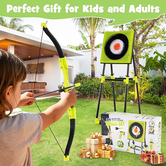 Costzon Axe Throwing Target Game for Backyard, 4 in 1 Kids Throwing Game w/5 Arrows, 3 Throwing Axes, 3 Ninja Darts, 3 Darts, Bristle Target & a Bow -Boys & Girls Indoor Outdoor Carnival Game Gifts