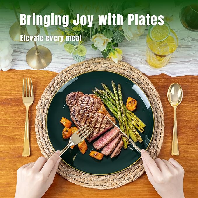 KIRE 350PCS Green Plates Disposable - Heavy Duty Green and Gold Plates - 50Guest Include Green Plastic Dinnerware - Pro Rolled Napkins with Gold Silverware and Cups for St. Patrick's Day&Party