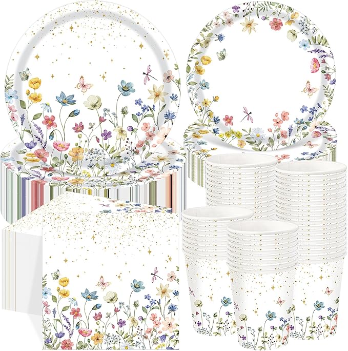 Ziliny 250 Pcs Wildflower Party Decorations Include Spring Summer Floral Paper Plates Napkins and Cups for Wildflower Baby Shower Tea Decorations, Serve 50 Guest (Colorful,Floral Style)