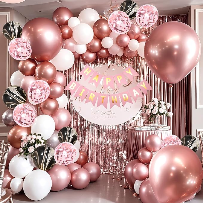 118 PCS Rose Golden Happy Birthday Party Balloons Set for Girl Women | with Sparkle Rose Golden Foil Fringe Curtains, 18 inch Big Balloons, Confetti Balloons