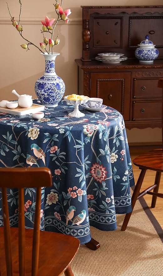 patdrea Elegant Vintage Linen Tablecloth,Round,Diameter 55"-Lanruoting | Chinoiserie Table Cloth for Round Table,Blue Oriental Bird Floral Print,Dining Tea Party Thanksgiving Coffe Table Decor