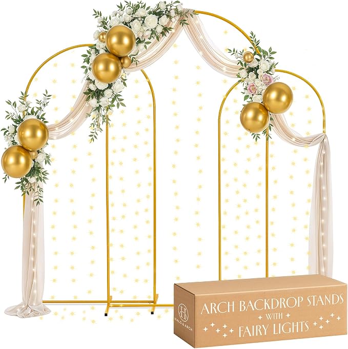 Gold Metal Arch Backdrop Stand for Wedding & Birthday Party Decorations, Foldable Balloon Arch Frame with Easy Assembly, Photo Booth Backdrop Décor with Fairy Lights Options