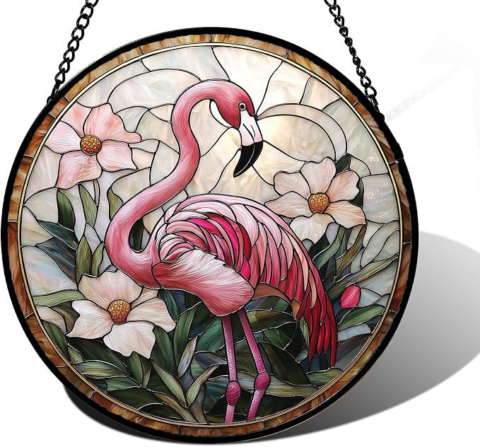 DASTOLL Stained Glass Window Hanging, Flamingo Flower Sun Catchers Diamond Glass Panel Hangings Pink Suncatcher Decor for Birthday for Women, Men, Wife, Aunt, and Mom 7.8 in