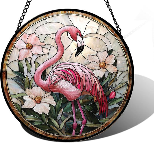 DASTOLL Stained Glass Window Hanging, Flamingo Flower Sun Catchers Diamond Glass Panel Hangings Pink Suncatcher Decor for Birthday for Women, Men, Wife, Aunt, and Mom 9.8 in
