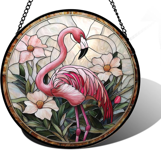 DASTOLL Stained Glass Window Hanging, Flamingo Flower Sun Catchers Diamond Glass Panel Hangings Pink Suncatcher Decor for Birthday for Women, Men, Wife, Aunt, and Mom 6.3 in
