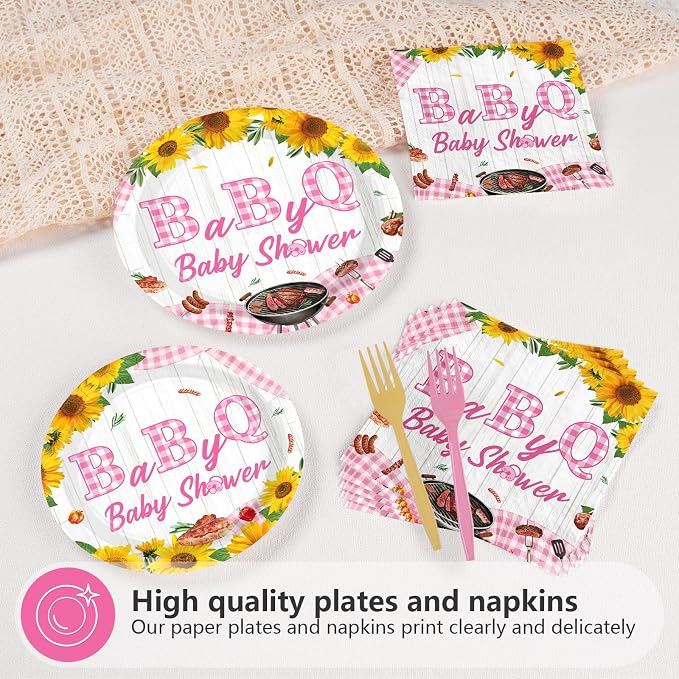 96Pcs Baby Q Baby Shower Party Decorations Pink BBQ Plates and Napkins Pink Gingham Tableware Set for Girls BabyQ Picnic Themed Birthday Gender Reveal Party Supplies, Serves 24