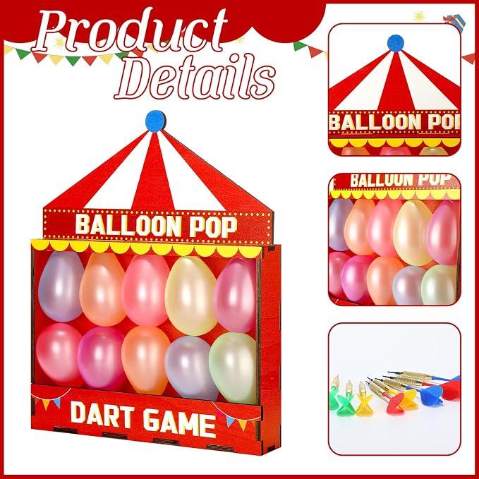 Seenelling Balloon Dart Carnival Game Set Carnival Themed Wooden Box with 500 Balloon 8 Colorful Darts Adhesive Dots for Booth Game Birthday Party Backyard Lawn Event 16.5'' x 12.5'' x 4.5''