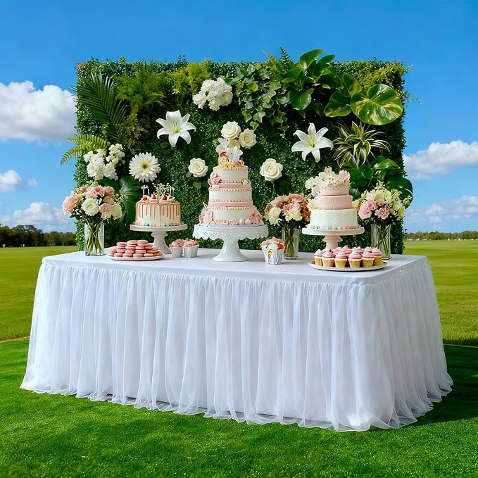 1-Pack White 2-in-1 Tulle Tablecloth for 8-Foot Rectangular Table – Stretch Fitted Table Skirt & Cover for Baby Shower, Bridal, Birthday, Princess Party