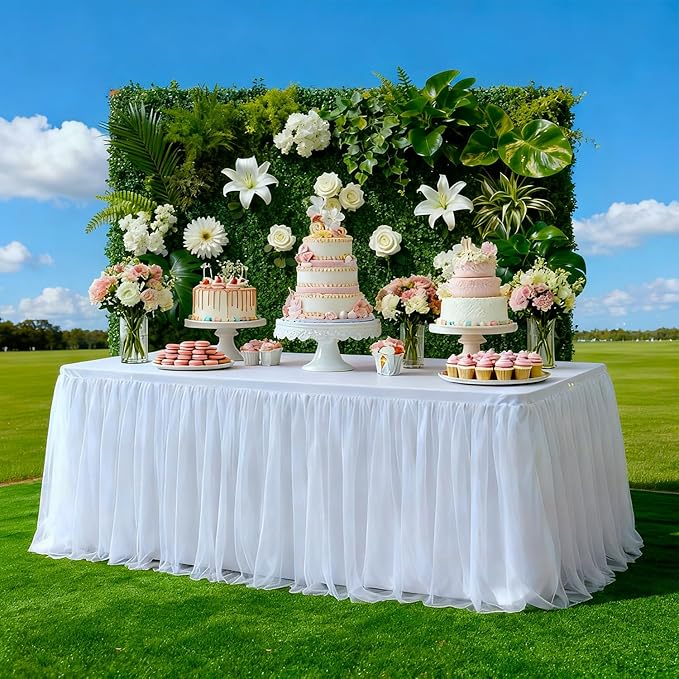2-Pack White 2-in-1 Tulle Tablecloth for 5-Foot Rectangular Table – Stretch Fitted Table Skirt & Cover for Baby Shower, Bridal, Birthday, Princess Party