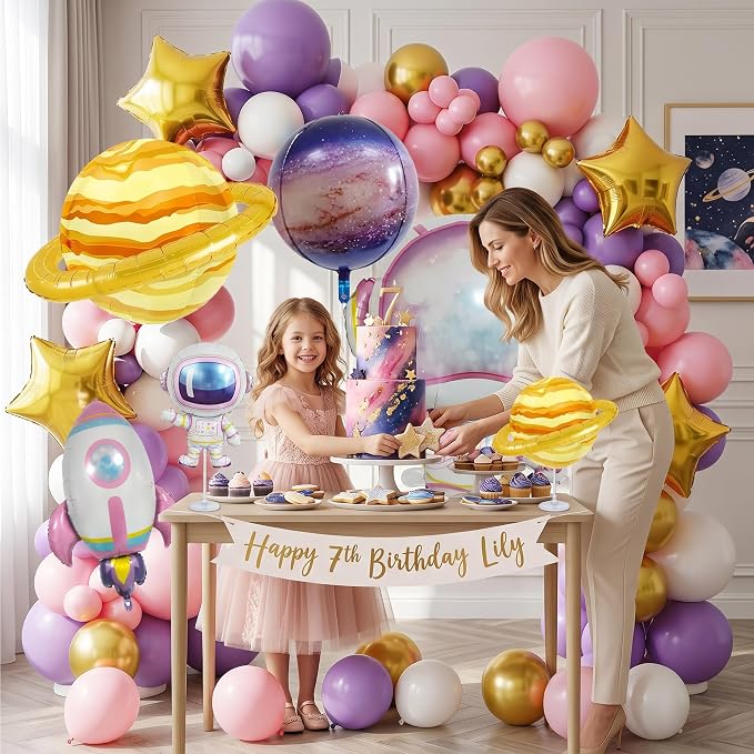 108PCS Pink Space Balloon Arch Kit for Girls – Dreamy Astronaut Rocket Planet Galaxy Balloons Garland, Outer Space Birthday Party Decorations, Baby Shower Two The Moon Party Supplies