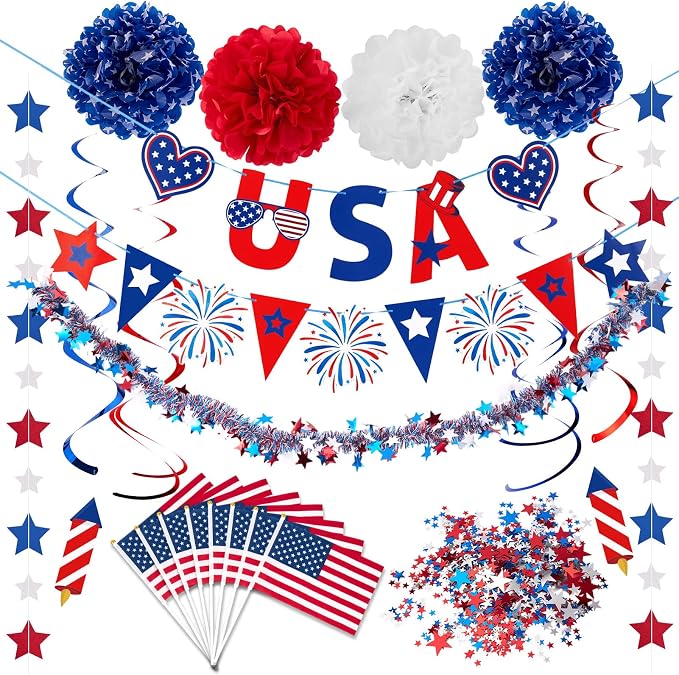 4th/Fourth of July Decorations Set, Patriotic Decorations, Red White and Blue Decors, with Pre-strung Banners for Memorial Day, Independence Day Supplies Party Decor