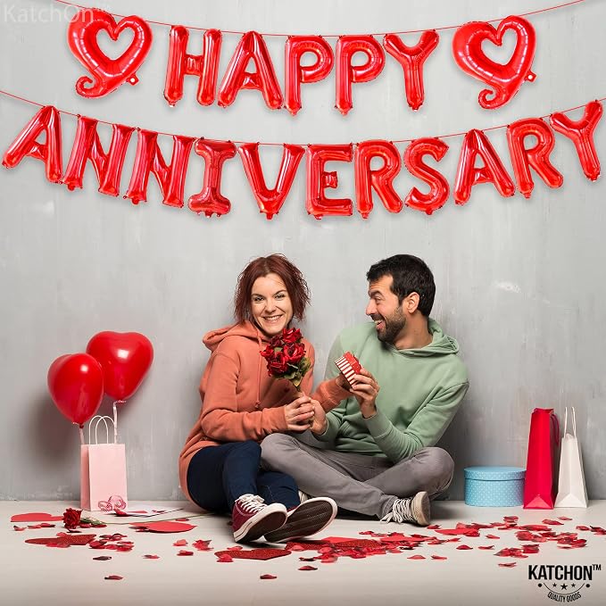 KatchOn, Red Happy Anniversary Balloons Letters - Huge, 18 Inch | Hook Red Heart Balloons | 1000 Pcs Artificial Red Rose Petals - Silk, Fake Rose Petals for Romantic Night for Her Set