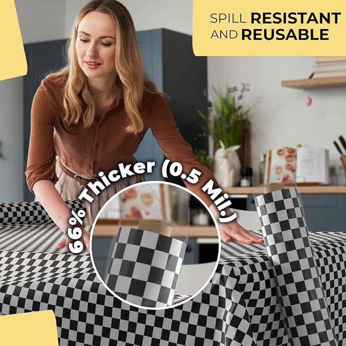 Party Solids 66% Thicker Black White Checkered Plastic Table Cover Roll 40" X 300' Table Cloth Plastic Cover Roll Quality Thick Banquet Rolls Disposable Tablecloth Rolls Strong American Based Company