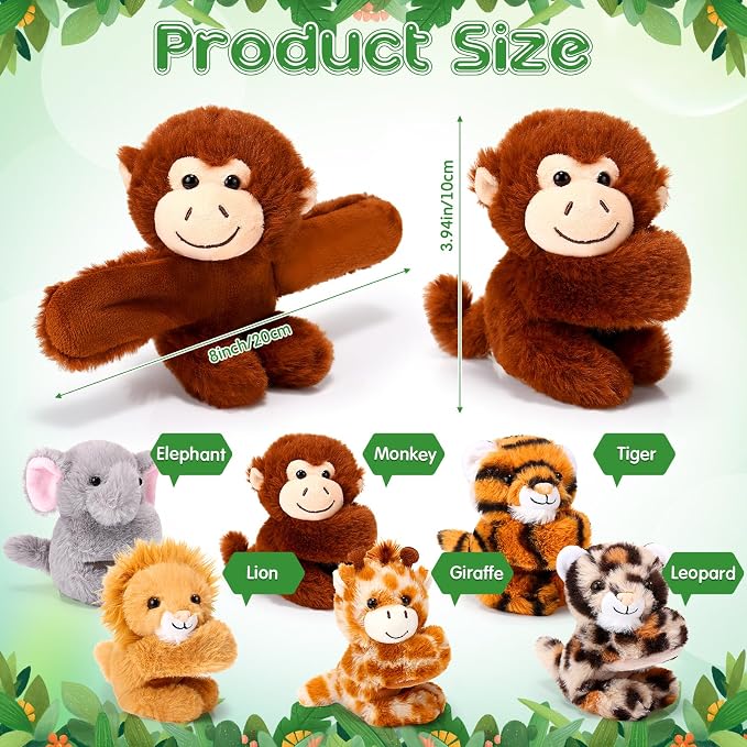 Gemscream 6 Pcs Stuffed Animal Slap Bracelets for Kids, 8 Inch Back to School Small Classroom Prizes Toy, Wrist Snap Bracelets Birthday Gifts for Boys Girls Pet Adoption Party Favors(Wild Animals)
