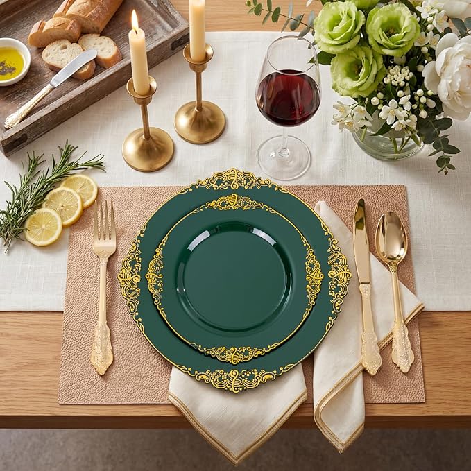 102PCS Green Plastic Plates - Green and Gold Plates - Fancy Heavy Duty Disposable Plate - Heavyweight Dinner & Dessert Plate for 51 Guests for Spring Party & Wedding