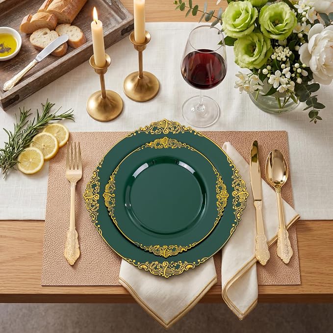 125PCS Green Plastic Plates - Green and Gold Disposable Plates - Fancy Vintage Plate with Gold Plastic Silverware Set for 25 Guests for Party Wedding Holiday