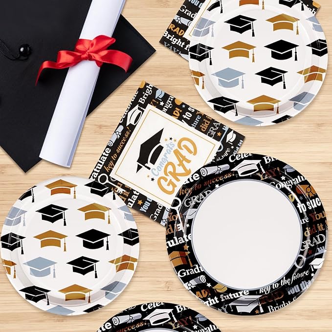 Grencian Graduation Decorations Class of 2026 200Pcs Graduation Plates and Napkins Disposable Congrats Grad Tableware Black Gold Graduation Party Supplies for 2026 Graduations Party, Serve 50
