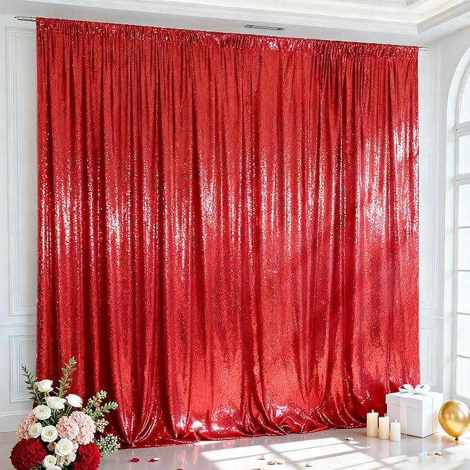 SquarePie 10x10ft Red Sequin Backdrop for Photography, Satin-Backed Real Sequin Curtain, Enhanced Coverage Shimmering Background with 4" Rod Pocket for Wedding, Birthday, Party Decor, 1 Panel