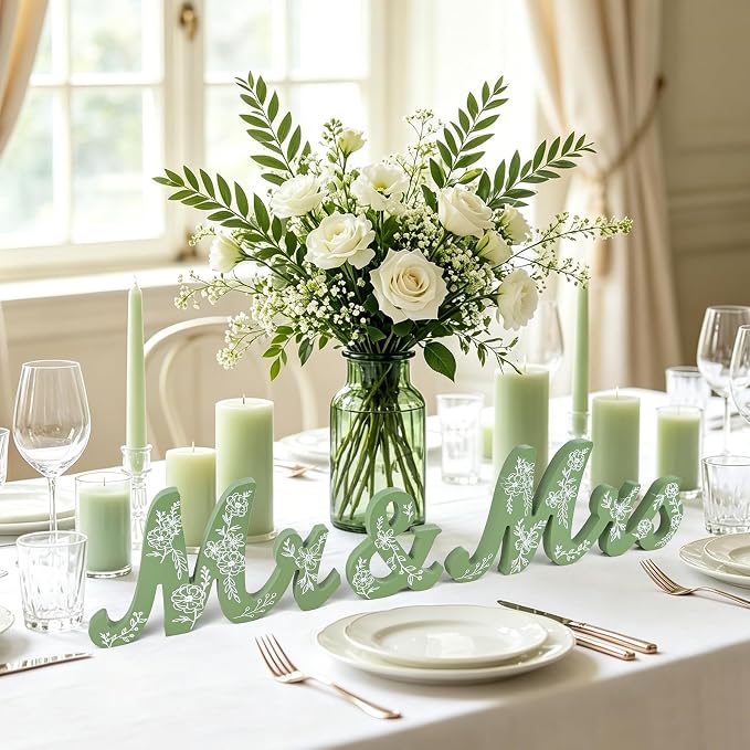 Mr & Mrs Sign for Wedding Table Sage Green Floral Wedding Decorations for Reception Rustic Wooden Freestanding Letters Table Centerpieces Wooden Photo Booth Props for Wedding Bridal Anniversary Supplies