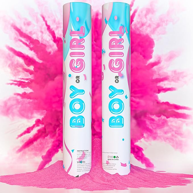 Gender Reveal Powder Smoke Bombs Cannon Poppers | 2 Pink Poppers | Biodegradable | Alternative to Gender Reveal Smoke Bombs Extinguisher | Gender Reveal Party Decorations | TUR Party Supplies
