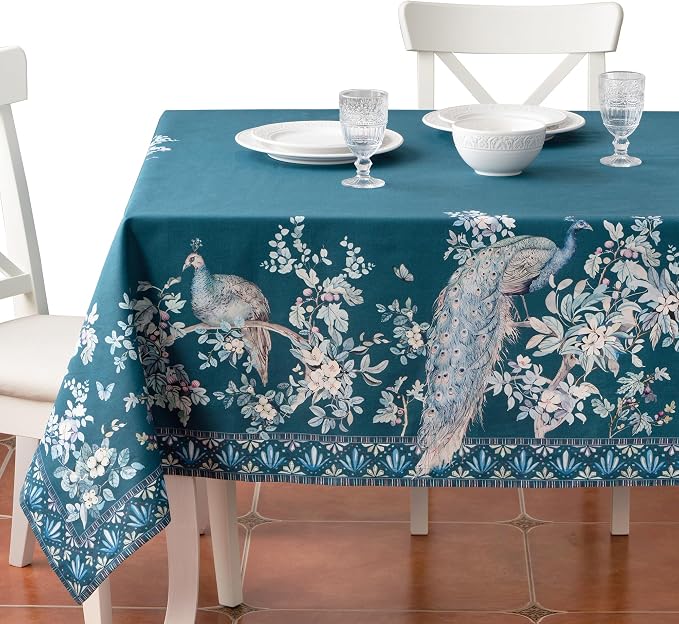 Maison d' Hermine Premium Table Cloth Rectangle Table 100% Combed Cotton 140 x 70 Inches Tablecloth Reusable Decorative for Dining Room, Farmhouse, Party, Festive & Wedding - Peacock Utopia - Deep Sea