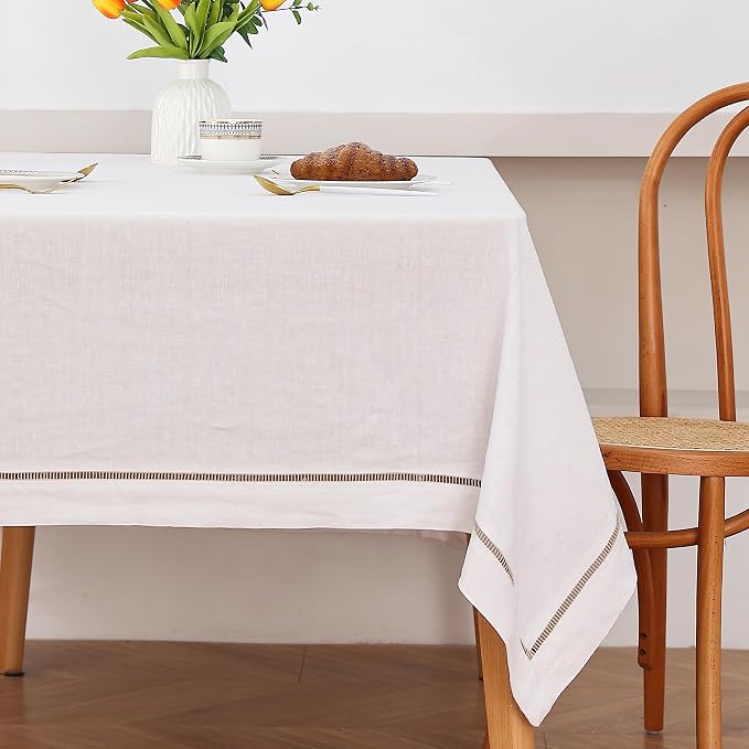 Linen World Hemstitch Linen Tablecloth,100% Natural French Flax,60x108Inch Handcrafted White-Natural Linen Table Cloth,Tabletop,Table Cloths for Kitchen,Dining,Daily Use(White-Natural)
