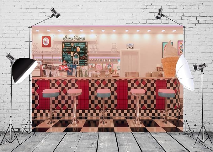 BELECO 15x10ft Fabric Vintage 50s Diner Backdrop for Photography, 1950s American Fast Food Soda Shop Restaurant Ice Cream Bar Stools Background, 50s Diner Party Decor Photo Booth Studio Props