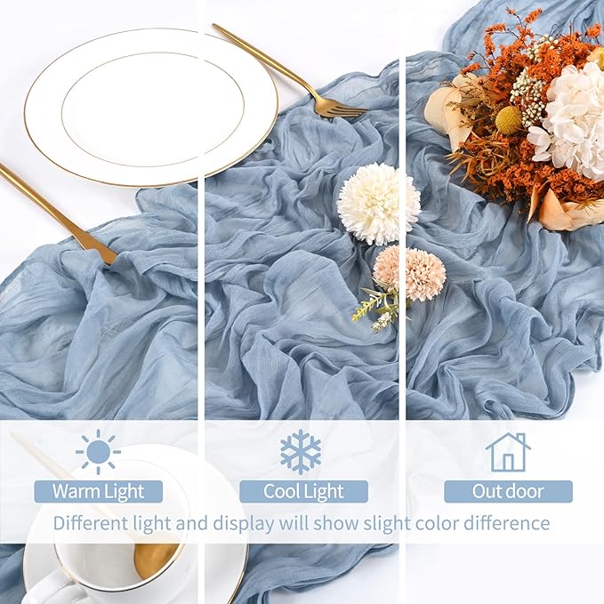 8 Pack Dusty Blue Cheesecloth Table Runner 120 Inch 10FT Spring Boho Rustic Sheer Gauze Cheese Cloth Table Runner for Wedding Baby Shower Birthday Party Table Decor