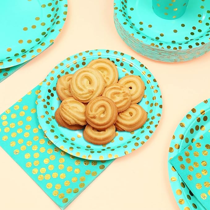 200PCS Teal Plates and Napkins Party Supplies,Teal Paper Plates with Golden Dot Serve 50 Guests，Teal and Gold Birthday Decorations for Women Men Wedding Baby Shower Graduation