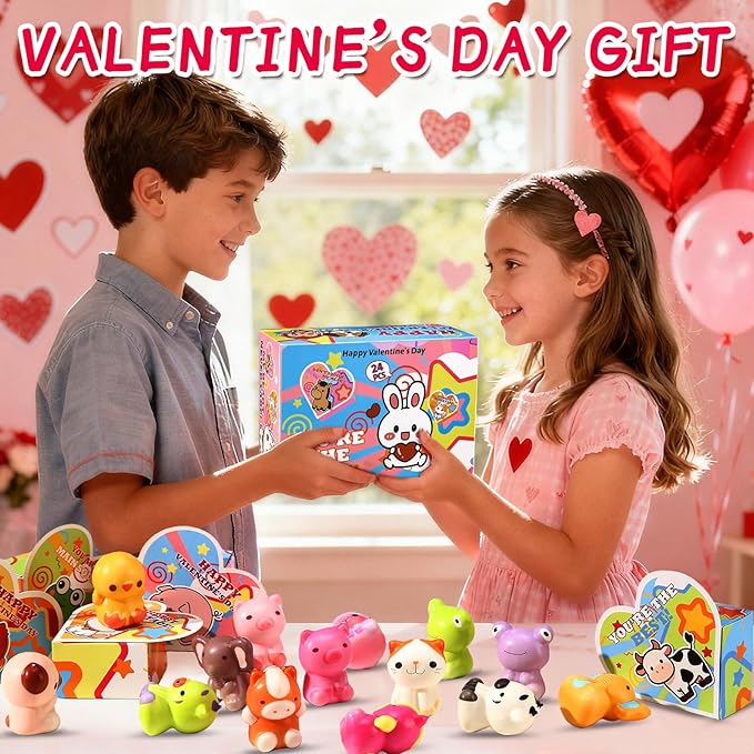 Valentines Day Gifts for Kids, 24PCS Animal Squishies with to from Valentine Cards Box, School Classroom Exchange Party Favors