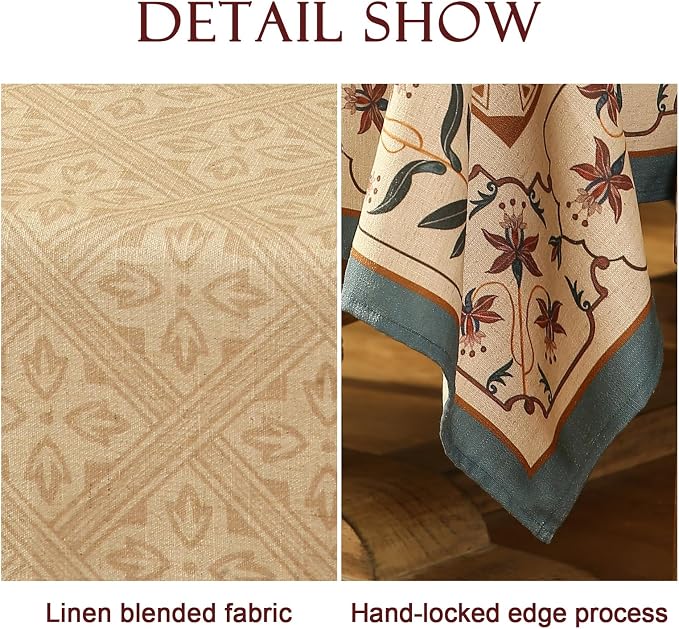 patdrea Designer French Linen Tablecloth,Rectangular,79"x55"-Fram | Elegant Durable Table Cloth for Rectangle Table,Vintage Block Print,for Dining Room Tea Party Thanksgiving,Beige