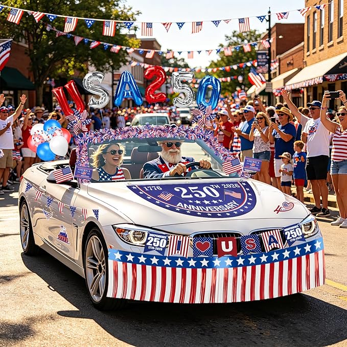 Tryly 4th of July Golf Cart Decorations Kit, 250th Patriotic Parade Golf Cart Decor – 250th Banner, Fan Flags, Foil Fringe Garland, Pinwheels and More with 1776-2026 for Independence Day Memorial Day