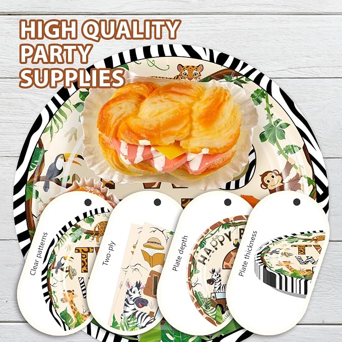96Pcs Two Wild Birthday Party Decoration Safari Jungle 2 Year Old Birthday Plates and Napkins Mouse Safari Wild Animal Tableware Set for Boys Girls 2nd Birthday Party Supplies, Serves 24
