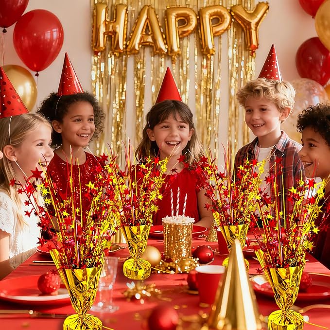 6 Pack Metallic Foil Spray Table Centerpiece Decoration Star Brust Glitter Table Topper Decor for Birthday Circus Casino Graduation Christmas New Year's Eve Party Supplies Red Gold