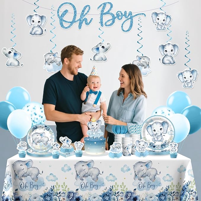 Xynic 206pcs Elephant Baby Shower Decorations Complete tableware Set, for 25 Guests, Blue Elephant party Decorations, Disposable Plates and Napkins, Banner, Tablecloth for Baby Shower Decoration Boy