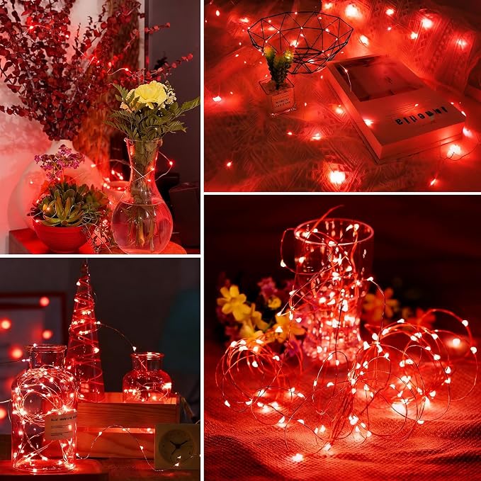 YEGUO 4 Pack Halloween Solar Fairy Lights, Each 33ft 100 LED Red Christmas Lights Outdoor Waterproof, 8 Modes Sliver Wire Solar String Lights