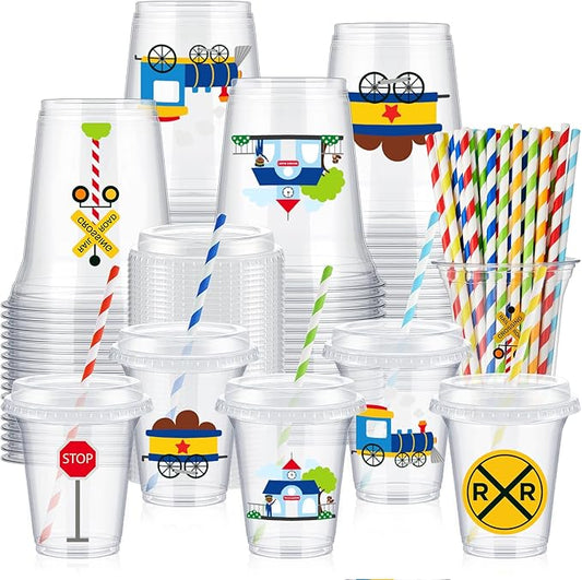 FoldTier 60 Set Train Theme Party Plastic Cups Bulk 14 oz Disposable Clear Cups with Lids and Paper Straws for Trains Party Birthday Supplies Favor Decorations